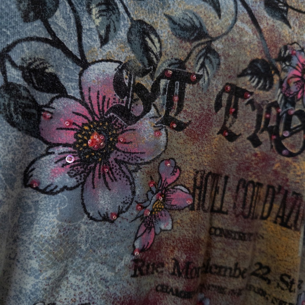 Boho Artsy St Tropez Floral Graphic Top 2X Embellished All Over Print Retro - Picture 5 of 8